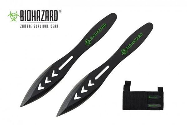Biohazard 5.5" Black Throwing Knife. Includes Sheath. 2pc Set.